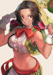 Rule 34 | 1girl, black hair, bow, bowtie, breasts, brown eyes, club (weapon), crop top, flower, hair flower, hair ornament, hat, hat on back, hinoru saikusa, large breasts, lily hawk, mexican clothes, midriff, navel, official alternate costume, official alternate hairstyle, pogamoggan, red bow, red bowtie, sleeveless, smile, solo, sombrero, stomach, street fighter, street fighter 6, toned, vest, weapon