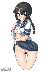 Rule 34 | 1girl, bar censor, black eyes, black hair, blue skirt, blush, bow, braid, breasts, censored, clothes lift, collarbone, cowboy shot, cropped legs, ebifurya, female pubic hair, gluteal fold, groin, hair bow, highres, isonami (kancolle), kantai collection, lifted by self, long hair, looking at viewer, nipples, no bra, no panties, open mouth, pink bow, pleated skirt, pubic hair, pussy, school uniform, serafuku, short sleeves, simple background, single braid, skirt, skirt lift, small breasts, solo, stomach, sweat, tears, thigh gap, twitter username, white background