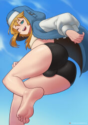 Rule 34 | 1boy, ass, bike shorts, black shorts, blonde hair, bridget (guilty gear), bulge, feet, finneca, green eyes, guilty gear, guilty gear strive, habit, highres, hood, hood up, hooded jacket, hoodie, jacket, long sleeves, looking at viewer, male focus, medium hair, one eye closed, open clothes, open hoodie, open mouth, puffy long sleeves, puffy sleeves, shorts, smile, solo, thick thighs, thighs, toes, trap