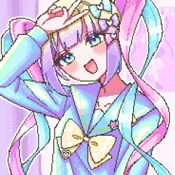 Rule 34 | 1girl, :d, absurdres, arm up, blonde hair, blue bow, blue eyes, blue hair, blue shirt, blunt bangs, blush, bow, chouzetsusaikawa tenshi-chan, commentary request, furuima, hair bow, hair ornament, heart, heart hair ornament, highres, indoors, long hair, long sleeves, multicolored hair, needy girl overdose, open mouth, pink background, pink bow, pink hair, pixel art, poster (object), purple bow, purple hair, quad tails, sailor collar, shirt, smile, solo, twintails, upper body, v, very long hair, yellow bow
