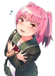 Rule 34 | 10s, 1girl, black hair, blush, brown eyes, colored tips, crossed arms, flying sweatdrops, fur trim, green jacket, green skirt, jacket, kantai collection, kunashiri (kancolle), long sleeves, looking at viewer, looking up, multicolored hair, open mouth, pink hair, pleated skirt, red ribbon, ribbon, satsuki neko, short hair, simple background, skirt, solo, teeth, two side up, white background