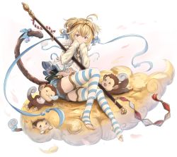 Rule 34 | 10s, 1girl, :3, :d, = =, andira (granblue fantasy), antenna hair, bell, blonde hair, blue eyes, blue ribbon, blush, blush stickers, brown eyes, closed mouth, cloud, erune, full body, fur trim, granblue fantasy, highres, jingle bell, looking at another, lying, monkey, monkey girl, monkey tail, navel, on stomach, open mouth, ribbon, short shorts, short twintails, shorts, sitting, sleeping, sleeves past wrists, smile, staff, striped clothes, striped thighhighs, suirensei, tail, tail ornament, tail ribbon, thighhighs, toeless legwear, toes, twintails, white background