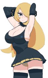 1girl alternate_breast_size alternate_costume armpits arms_behind_head arms_up black_dress black_gloves blonde_hair breasts cleavage coconuts_(artist) cowboy_shot creatures_(company) curvy cynthia_(pokemon) dress elbow_gloves expressionless fur_collar game_freak gloves grey_eyes hair_ornament hair_over_one_eye large_breasts light_blush long_hair looking_at_viewer nintendo oekaki panties pantyshot pokemon pokemon_dppt short_dress sleeveless sleeveless_dress solo spaghetti_strap striped_clothes striped_panties underwear white_background