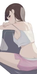 Rule 34 | 1girl, breasts, brown eyes, brown hair, butt crack, camisole, closed mouth, fingernails, from behind, highres, hiroki (yyqw7151), looking at viewer, medium breasts, original, panties under shorts, pink shorts, shorts, sitting, solo, thighs, white camisole, white shorts