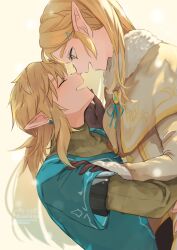 Rule 34 | 1boy, 1girl, adapted costume, black gloves, blonde hair, blush, couple, earrings, face-to-face, gloves, green eyes, hair ornament, hairclip, happy, highres, imminent kiss, jewelry, lifting person, link, long hair, looking at another, nintendo, open mouth, parted bangs, pointy ears, ponytail, princess zelda, seri (yuukasakura), sidelocks, simple background, smile, the legend of zelda, the legend of zelda: breath of the wild