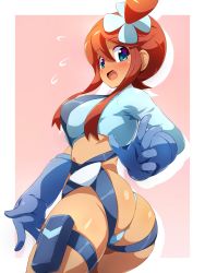 Rule 34 | 1girl, :d, adapted costume, ass, blue eyes, blue gloves, blue jacket, blue shorts, blush, breasts, cowboy shot, creatures (company), cropped jacket, flying sweatdrops, from side, game freak, gloves, hair between eyes, hair ornament, harness, highres, jacket, konpeto, large breasts, long sleeves, looking at viewer, looking back, micro shorts, midriff, nintendo, one side up, open mouth, paid reward available, pokemon, pokemon bw, pouch, red hair, revealing clothes, short hair with long locks, shorts, sidelocks, skindentation, skyla (pokemon), smile, solo, suspenders, tan, thigh pouch, thigh strap, thong, twisted torso