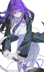 Rule 34 | 1girl, absurdres, black jacket, blunt bangs, closed mouth, cowboy shot, dress, expressionless, fern (sousou no frieren), highres, holding, holding staff, jacket, long hair, marurodo, purple eyes, purple hair, sidelocks, simple background, solo, sousou no frieren, staff, white background, white dress