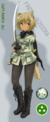 Rule 34 | 1girl, animal ears, bad id, bad pixiv id, black pantyhose, boots, brown hair, camouflage, commentary request, dakku (ogitsune), dark-skinned female, dark skin, green eyes, heterochromia, long image, panties, panties under pantyhose, pantyhose, scar, solo, strike witches, strike witches 1991, sword, tall image, underwear, uniform, weapon, world witches series