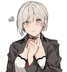 Rule 34 | 1girl, aogisa, bad id, bad twitter id, ballista (girls&#039; frontline), blush, breasts, cleavage, girls&#039; frontline, grey hair, jacket, looking at viewer, sad, solo, white background, yellow eyes