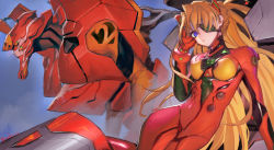 Rule 34 | 1girl, arm support, artist request, blue eyes, bodysuit, breasts, brown hair, curvy, eva 02, evangelion: 3.0 you can (not) redo, lips, long hair, mecha, medium breasts, multicolored clothes, neon genesis evangelion, plugsuit, rebuild of evangelion, red bodysuit, redesign, robot, shiny clothes, simple background, skin tight, sky, solo, souryuu asuka langley, two side up, very long hair, wide hips