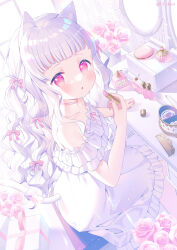 Rule 34 | 1girl, :o, animal ears, blush, bow, box, cat ears, cat girl, cat tail, choker, clothing cutout, collarbone, commentary request, cosmetics, day, dress, flower, frilled dress, frills, from side, gift, gift box, hair bow, highres, holding, ikari (aor3507), indoors, lipstick tube, long hair, looking at viewer, looking to the side, mirror, off-shoulder dress, off shoulder, original, parted lips, pink bow, pink choker, pink flower, pink rose, red eyes, rose, sitting, solo, sunlight, table, tail, tail through clothes, twitter username, vanity table, very long hair, white dress, white hair, window