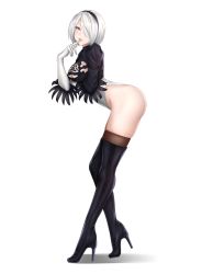 Rule 34 | 1girl, 2b (nier:automata), arched back, ass, black footwear, black thighhighs, blue eyes, boots, breast hold, breasts, cleavage, cleavage cutout, clothing cutout, commentary request, curvy, feather trim, finger to mouth, full body, gloves, hair over one eye, hairband, high heel boots, high heels, highleg, highleg leotard, highres, kurone rinka, leotard, lips, long sleeves, looking at viewer, medium breasts, mole, mole under mouth, nier:automata, nier (series), parted lips, puffy sleeves, shadow, shiny skin, short hair, simple background, smile, solo, thigh boots, thighhighs, thighhighs under boots, thighs, thong leotard, white background, white hair, white leotard, wide hips