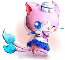 Rule 34 | 10s, blue eyes, blue skirt, blush, cat, fangs, from behind, full body, hat, looking back, multiple tails, murufu, no humans, one eye closed, open mouth, pleated skirt, sailornyan, school uniform, serafuku, skirt, solo, standing, star (symbol), tail, two tails, white background, traditional youkai, youkai watch