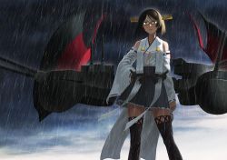 Rule 34 | 10s, 1girl, angry, cloud, cloudy sky, detached sleeves, glasses, gun, hand on own hip, kantai collection, kirishima (kancolle), kirishima kai ni (kancolle), looking at viewer, no legwear, nontraditional miko, rain, sky, solo, thighhighs, turret, weapon, yue (tada no saboten), zettai ryouiki