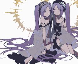 Rule 34 | 2girls, absurdly long hair, bare shoulders, breasts, dress, euryale (fate), euryale (third ascension) (fate), fate/hollow ataraxia, fate (series), frilled hairband, frills, hairband, halo, headdress, highres, long hair, looking at viewer, mochizuki kei, multiple girls, purple eyes, purple hair, siblings, simple background, sisters, small breasts, smile, stheno (fate), twins, twintails, very long hair, white background, white dress