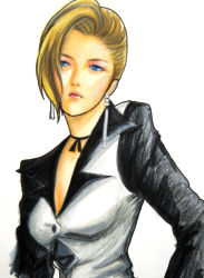 Rule 34 | 1girl, blonde hair, blue eyes, earrings, hinasehaya, jewelry, lips, mature (kof), simple background, snk, solo, the king of fighters