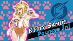 Rule 34 | 1girl, animal ears, animal hands, artist request, bare shoulders, bikini, blonde hair, blue eyes, blush, breasts, cat ears, cat tail, cleavage, covered erect nipples, fang, long hair, looking at viewer, medium breasts, metroid, nintendo, open mouth, samus aran, solo, swimsuit, tail, thighhighs