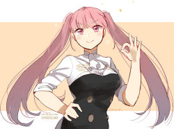 Rule 34 | 1girl, artist name, ascot, chocojax, closed mouth, fire emblem, fire emblem: three houses, hand on own hip, hand up, hilda valentine goneril, long hair, looking at viewer, nintendo, ok sign, pink eyes, pink hair, simple background, smile, solo, sparkle, twintails, uniform, upper body, watermark, web address