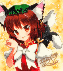 Rule 34 | 1girl, animal ear fluff, animal ears, bad id, bad pixiv id, bow, bowtie, breasts, brown eyes, brown hair, cat ears, cat tail, chen, dress, earrings, green hat, hat, jewelry, looking at viewer, mob cap, multiple tails, paw pose, puffy short sleeves, puffy sleeves, qqqrinkappp, red dress, shikishi, shirt, short hair, short sleeves, signature, single earring, small breasts, solo, tail, tongue, tongue out, touhou, traditional media, two tails, upper body, white bow, white bowtie, white shirt, yellow background