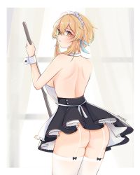 Rule 34 | 1girl, apron, ass, ass focus, back, backboob, bare back, blonde hair, breasts, from behind, garter straps, genshi, genshin impact, highres, large breasts, looking at viewer, looking back, lumine (genshin impact), maid, maid apron, maid headdress, miniskirt, no bra, no panties, pout, short hair, sideboob, skirt, socks, solo, thick thighs, thighs, unosaki2, yellow eyes