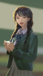 Rule 34 | 1girl, absurdres, black hair, blazer, blurry, blurry background, bow, bowtie, braid, brown eyes, collared shirt, highres, holding, jacket, long hair, looking at viewer, mole, mole under eye, monable, original, parted lips, pleated skirt, school uniform, shirt, skirt, smile, solo, swept bangs, twin braids
