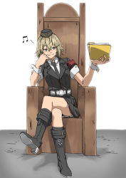 Rule 34 | 1girl, absurdres, armchair, black footwear, black hat, black jacket, black necktie, blonde hair, blouse, blue eyes, boots, chair, closed mouth, commission, crossed legs, folder, full body, girls&#039; frontline, hand on own chin, hat, highres, holding, holding folder, jacket, looking at viewer, military, military hat, military jacket, military uniform, mp41 (girls&#039; frontline), musical note, necktie, pixiv commission, shirt, short hair, simple background, sitting, smile, solo, triangle bullet, uniform, white shirt
