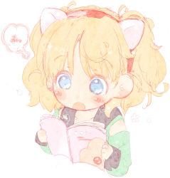 Rule 34 | 1girl, :o, animal ears, blonde hair, blush, blush stickers, book, cat ears, hat, holding, holding book, holding hat, jewelpet (series), jewelpet twinkle, miria marigold mackenzie, open book, shipu (toppintetratorten), sketch, solo, star (symbol), twintails, white background