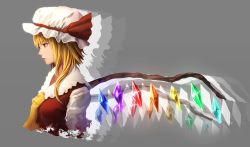 Rule 34 | 1girl, afterimage, ascot, blonde hair, bow, expressionless, flandre scarlet, grey background, hat, hat bow, lips, minami koyogi, mob cap, profile, red eyes, red vest, shirt, short hair, side ponytail, simple background, solo, touhou, upper body, white shirt, wings