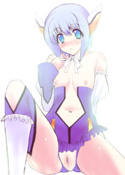 Rule 34 | 1girl, bad id, bad pixiv id, blue eyes, blue hair, blush, censored, crotchless, crotchless panties, detached sleeves, female focus, flat chest, gradient background, leotard, nipples, noto kurumi, otomedius, panties, poini coon, purple thighhighs, pussy, robot ears, short hair, solo, thighhighs, underwear, white background