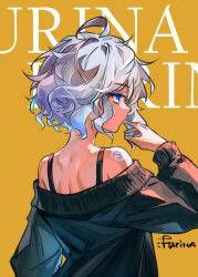 1girl absurdres bare_shoulders black_sweater blue_eyes bra_strap character_name furina_(genshin_impact) genshin_impact grey_hair highres hydro_symbol_(genshin_impact) long_sleeves messy_hair off-shoulder_sweater off_shoulder orange_background short_hair shoulder_tattoo simple_background solo sweater tattoo upper_body witherking