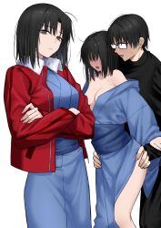 1boy 2girls black_eyes black_hair black_pants black_shirt black_sweater blue_kimono blush crossed_arms egomeshi glass highres jacket japanese_clothes kara_no_kyoukai kimono kokutou_mikiya looking_at_viewer multiple_girls no_bra open_clothes open_jacket pants red_jacket ryougi_shiki sex sex_from_behind shirt short_hair simple_background sweater turtleneck turtleneck_sweater type-moon white_background