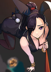 Rule 34 | absurdres, all fours, animal ears, ass, black footwear, black leotard, black vest, bracelet, breasts, brown background, brown legwear, closed mouth, commentary request, dragon quest, dragon quest xi, fake animal ears, hair over one eye, hairband, heart, heart-shaped pupils, high heels, highres, jewelry, kagematsuri, large breasts, leash, leotard, long hair, looking at viewer, martina (dq11), pantyhose, playboy bunny, ponytail, purple eyes, purple hair, rabbit ears, sweatdrop, symbol-shaped pupils, tailcoat, vest, viewer holding leash
