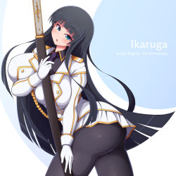 Rule 34 | 1girl, aiguillette, anniversary, black hair, black legwear, blue eyes, blue neckwear, blunt bangs, blush, breasts, character name, gloves, highres, holding, holding sword, holding weapon, huge breasts, ikaruga (senran kagura), long hair, looking at viewer, military, military uniform, ootachi, parted lips, ponponmaru, senran kagura, solo, sword, uniform, weapon, white gloves