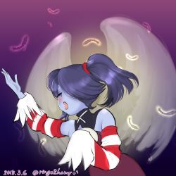 Rule 34 | 1girl, bare shoulders, blue skin, colored skin, detached collar, detached sleeves, hair over one eye, highres, music, ringo tou hachimitsu, singing, skullgirls, squigly (skullgirls), striped, striped sleeves, twintails, wings, zombie