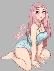 Rule 34 | 1girl, agawa ryou, arm support, artist name, bare shoulders, blue shorts, breasts, camisole, cleavage, closed mouth, collarbone, commentary, dated, english commentary, grey background, hair ornament, hairclip, light blush, long hair, medium breasts, numbered, on floor, original, pink eyes, pink hair, pink lips, shorts, sidelocks, simple background, sitting, sleeveless, solo, spaghetti strap, straight hair, very long hair, yokozuwari