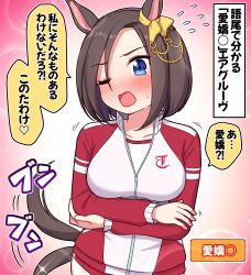 Rule 34 | 1girl, @ @, absurdres, afterimage, air groove (umamusume), animal ears, blue eyes, blush, breasts, brown hair, buruma, collarbone, commentary request, flying sweatdrops, hair between eyes, highres, horse ears, horse girl, horse tail, jacket, long sleeves, looking at viewer, medium breasts, one eye closed, open mouth, parted bangs, red buruma, red jacket, solo, sweat, tail, tail wagging, takiki, track jacket, translation request, umamusume