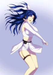 Rule 34 | 1girl, absurdres, axia-chan, belt, belt pouch, blue eyes, blue hair, breasts, bridal garter, ciel (tsukihime), crop top, dancing, detached sleeves, elesia, garter straps, hair ribbon, highres, legs together, long hair, long sleeves, medium breasts, messy hair, midriff, navel, open mouth, ponytail, pouch, ribbon, shorts, shorts under skirt, single garter strap, skirt, sleeves past wrists, solo, tsukihime, white ribbon, white shorts, white skirt