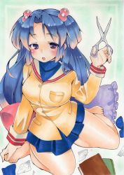 Rule 34 | 00s, 1girl, absurdres, bad id, bad pixiv id, barefoot, blue hair, clannad, hair bobbles, hair ornament, highres, ichinose kotomi, key (company), kyoto animation, long hair, pillow, purple eyes, sakagami tomoyo, scissors, shie (m417), thighs, twintails, two side up
