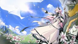 1girl arknights black_horns breasts civilight_eterna cleavage closed_mouth cloud copyright_name day demon_horns dress falling_petals flower grass highres horns jewelry khrnnfz landscape large_breasts lens_flare long_skirt mountain multiple_rings outdoors outstretched_hand petals pink_eyes pink_hair ring scenery skirt smile solo theresa_(arknights) turtleneck turtleneck_dress white_dress