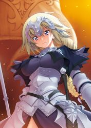 Rule 34 | 1girl, armor, armored dress, blonde hair, braid, breasts, covered erect nipples, fate/apocrypha, fate/grand order, fate (series), flag, from below, gradient background, headpiece, jeanne d&#039;arc (fate), jeanne d&#039;arc (ruler) (fate), kazuma muramasa, long hair, purple eyes, single braid, solo, sword, weapon
