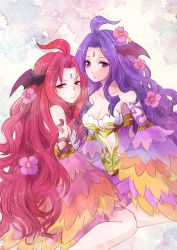 Rule 34 | 2girls, ahoge, arm tattoo, black wings, blush, breasts, cleavage, closed mouth, commentary request, demon wings, detached sleeves, dress, feet out of frame, flower, forehead jewel, hair flower, hair ornament, head wings, highres, humanization, long hair, looking at viewer, manoji, medium breasts, multicolored sleeves, multiple girls, navel, nidhoggr&#039;s shadow, nidhoggr (ragnarok online), open mouth, orange sleeves, parted bangs, pink flower, purple dress, purple eyes, purple hair, purple sleeves, ragnarok online, red eyes, red hair, smile, tattoo, very long hair, wings, yellow sleeves