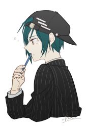 Rule 34 | 1boy, baseball cap, black hair, black hat, black jacket, commentary request, danganronpa (series), danganronpa v3: killing harmony, from side, grey background, hand up, hat, highres, holding, in mouth, jacket, kitsunebi v3kokonn, long sleeves, male focus, open mouth, profile, saihara shuichi, short hair, signature, simple background, solo, striped clothes, striped jacket, upper body, vertical stripes