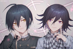Rule 34 | 2boys, ahoge, artist name, black hair, brown eyes, checkered clothes, checkered scarf, cheek rest, closed mouth, commentary request, danganronpa (series), danganronpa v3: killing harmony, ewa (seraphhuiyu), facing viewer, finger to cheek, hair between eyes, hand up, highres, index finger raised, jacket, layered sleeves, long sleeves, looking at another, male focus, multiple boys, oma kokichi, portrait, purple eyes, purple hair, saihara shuichi, scarf, shirt, short hair, smile, straitjacket, striped clothes, striped jacket, white jacket