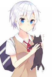 Rule 34 | 1girl, animal, bag, black cat, blue eyes, blush, cat, closed mouth, collared shirt, commentary request, hair between eyes, highres, holding, holding animal, holding cat, kerchief, looking at animal, original, red kerchief, ryu narb, school bag, school uniform, shirt, short hair, short sleeves, silver hair, simple background, solo, white background, wing collar