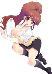 Rule 34 | 1girl, all fours, apron, black socks, blush, bra, bra pull, breasts, breasts out, brown eyes, brown hair, clothes pull, kneehighs, large breasts, legs, lingerie, long hair, looking at viewer, lying, matsumoto noriyuki, nipples, on side, open clothes, open mouth, open shirt, ponytail, shirt, sidelocks, sideways, simple background, sketch, skirt, socks, solo, taneshima popura, tray, underwear, very long hair, waitress, white shirt, working!!