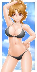 Rule 34 | 1girl, absurdres, armpits, bikini, black bikini, blonde hair, breasts, brown hair, cleavage, contrapposto, delica, highres, large breasts, looking at viewer, navel, original, ponytail, red eyes, shiny skin, skindentation, solo, standing, swimsuit