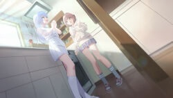 Rule 34 | 2girls, absurdres, blue eyes, blue hair, brown eyes, brown hair, commentary, counter, day, dutch angle, grey socks, highres, hood, hood down, hoodie, idolmaster, idolmaster shiny colors, ikuta haruki, indoors, kitchen, ladle, long hair, long sleeves, looking at another, multiple girls, open mouth, own hands together, plaid, plaid skirt, pleated skirt, school uniform, shelf, shirt, short hair, skirt, smile, socks, standing, sunlight, suzuki hana, symbol-only commentary, takada (pixiv 97599311), tile wall, tiles, white footwear, white shirt, white skirt, white socks