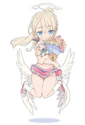 Rule 34 | 1girl, :3, angel wings, birthday, blade (galaxist), blonde hair, blue eyes, blush, braid, character doll, cheerleader, floating, french braid, full body, grimms notes, halo, liliana hart, long hair, open mouth, pleated skirt, pointy ears, ponytail, pop-up story, skirt, smile, solo, white background, wings