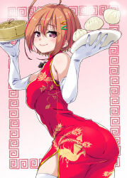 Rule 34 | 1girl, 22/7, ahoge, bamboo steamer, baozi, china dress, chinese clothes, closed mouth, dress, food, gloves, hair ornament, hairclip, highres, himuro mizuki, holding, holding plate, kisairo kaede, looking at viewer, multicolored hair, orange hair, pink hair, plate, purple eyes, red dress, sleeveless, smile, solo, thighhighs, white gloves, white thighhighs