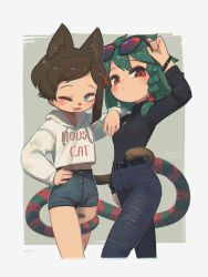Rule 34 | 2girls, ;3, ;d, absurdres, animal ears, animal nose, aqua eyes, arm up, belt, black sweater, blush, borrowed character, braid, brown hair, cat ears, cat girl, cat tail, cecile (porforever), clothes writing, commentary, cowboy shot, denim, drawstring, english commentary, eyewear lift, fangs, green hair, hair ornament, hand on own hip, highres, hood, hood down, hoodie, jeans, jewelry, long sleeves, looking at viewer, medium hair, multiple girls, o3o, one eye closed, open mouth, original, pants, pendant, porforever, prehensile tail, red eyes, ribbed sweater, short shorts, shorts, side braid, smile, sunglasses, sweater, tail, tail wrap, white hoodie, x hair ornament